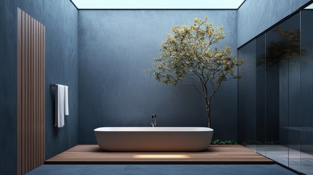Futuristic and luxurious spa inspired bathroom featuring minimalist design natural wood and glass elements and cutting edge IoT controlled mood lighting for a serene and rejuvenating experience