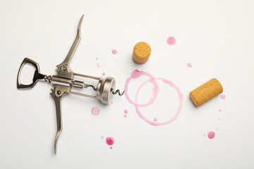 Wing corkscrew, corks and red wine stains on white background, top view