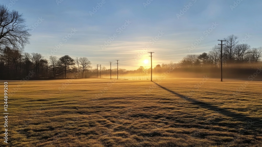 Poster a vibrant sunrise illuminating a row of utility poles, with the light casting long shadows across a 