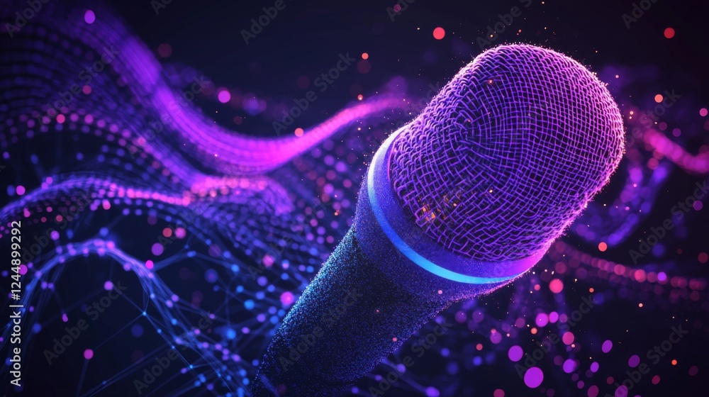 Poster a visual representation of sound waves emanating from a microphone, illustrated with vibrant colors 