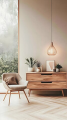 Modern Minimalist Interior Design Shows a Cozy Living Room with Wooden Furniture and Warm Lighting.