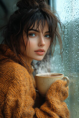 Serene Woman in Cozy Sweater Holding a Steaming Cup of Tea by a Rain-Streaked Window, Lost in Thought