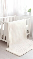 White crib with a white blanket and a white rug in a bright room with plants nearby.