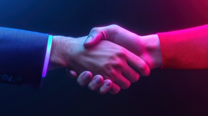 Digital themed handshake between two individuals representing a futuristic business agreement  The image conveys a sense of modern technology innovation