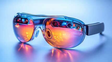 Futuristic smart glasses reflecting vibrant colors, showcasing advanced technology and design