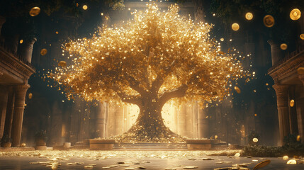 Golden Tree of Fortune: A majestic golden tree laden with coins stands in a grand hall, with coins showering down like golden rain, symbolizing abundance, prosperity, and financial success.