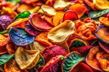 Close-up fruit chip photography: vibrant colors, textures, healthy snack, documentary style.