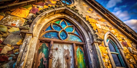 Obraz premium Close-up details reveal ancient church artistry: weathered stone, aged wood, stained glass, intricate textures.