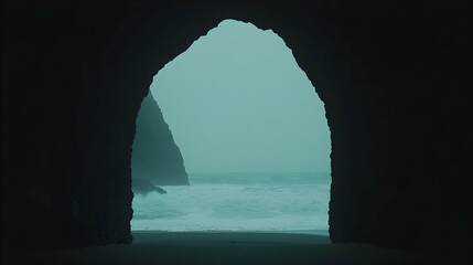 Ocean view through cave archway, misty beach, coastal landscape, travel photography