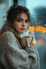 Serene Woman in Cozy Sweater Holding a Steaming Cup of Tea by a Rain-Streaked Window, Lost in Thought