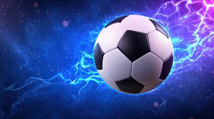 Closeup view of a soccer ball in mid air surrounded by a glowing dynamic cosmic backdrop with swirling energy and vibrant colors  The ball appears to be in motion creating a sense of power and speed