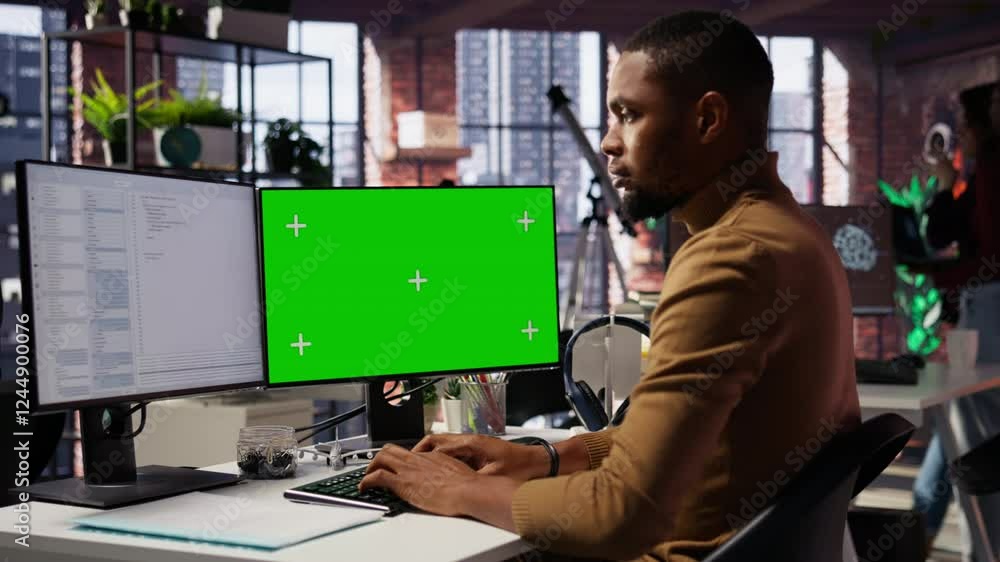 Poster programmer coding in startup office using green screen pc, building scalable solutions for businesse