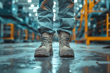 Worker wearing safety shoe and standing in the factory
