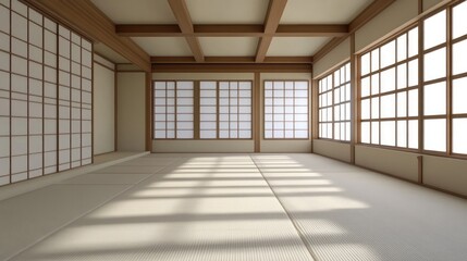 Sunlit minimalist Japanese room interior with tatami mats, shoji screens, and wooden beams.