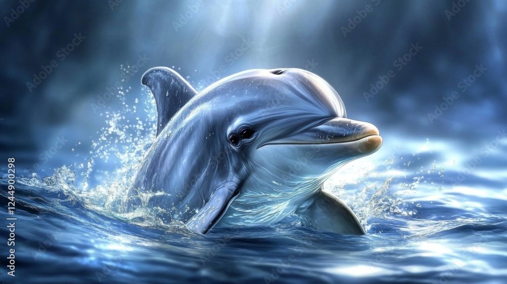 Poster close-up of a dolphins fin breaking through the waters surface, creating ripples against a deep blue