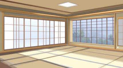 Sunlit Japanese-style room with tatami mats, shoji screens, and large windows offering a view of trees and mountains.