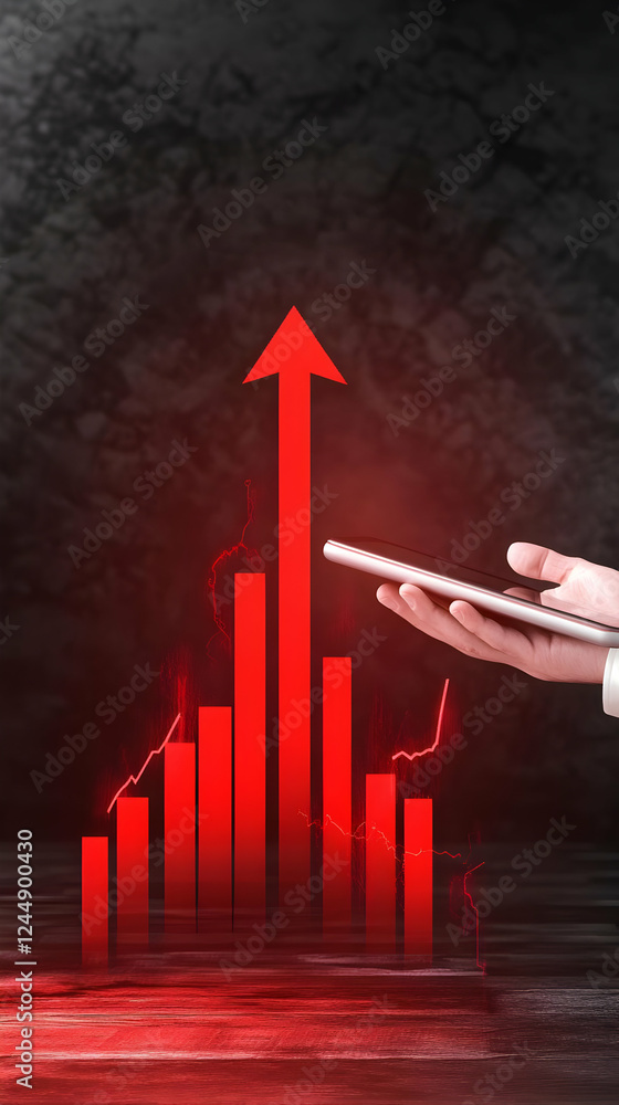 Poster red graph shows growth with upward arrow and hand holding mobile device dramatically.