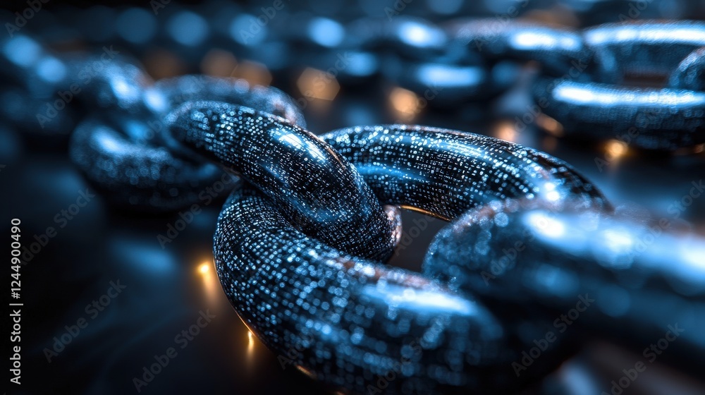 Poster close-up view of interconnected metallic chains with a futuristic glow against a dark background