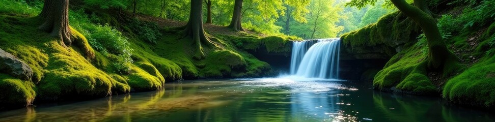 Fototapeta premium Riverbank moss with short waterfall amidst tall trees, greenery, moss, riverbank