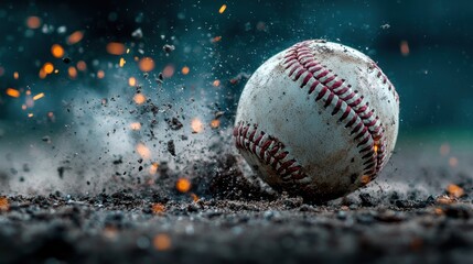 Dramatic High speed Baseball Hurtling Towards with Radiant Glowing Trail in Atmospheric Outdoor Environment with Clouds and Dust Particles