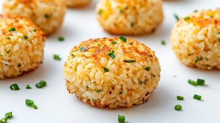 Fototapeta premium Zero-waste cooking concept. Golden, crispy rice cakes garnished with chives, arranged neatly on a white surface.