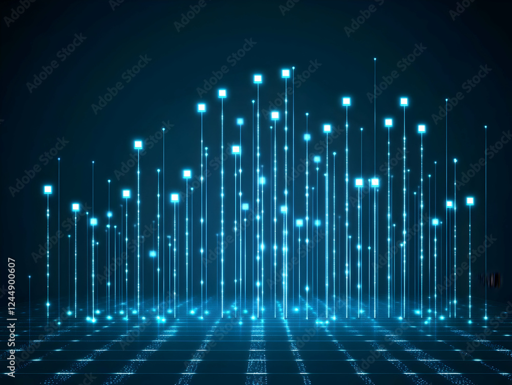 Poster abstract blue glowing lines and squares form a futuristic technological data visualization on a dark