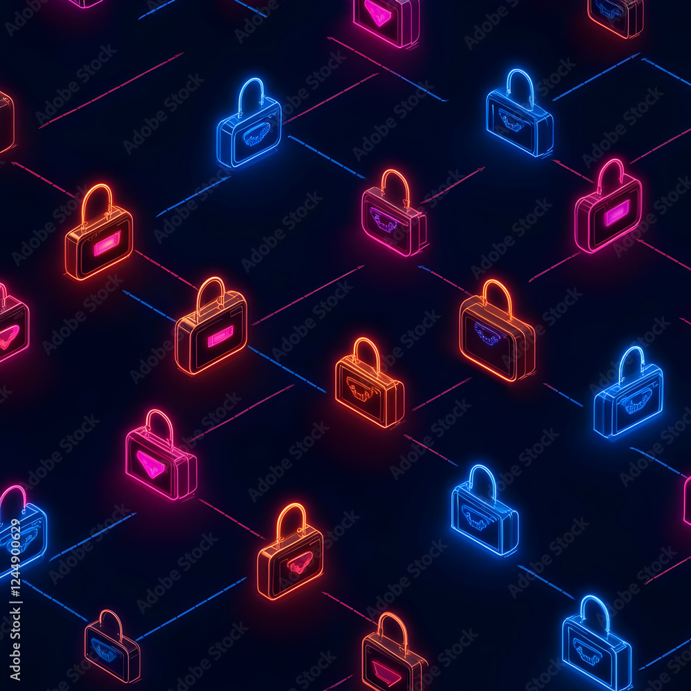 Poster neon glowing briefcases form a network grid pattern on a dark background