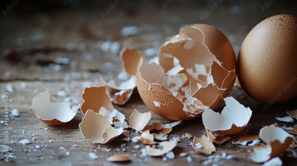 Poster close-up of egg shells with natural textures and colors scattered on a wooden surface, showcasing th