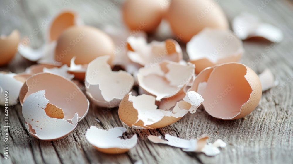 Poster close-up of egg shells with natural textures and colors scattered on a wooden surface, showcasing th