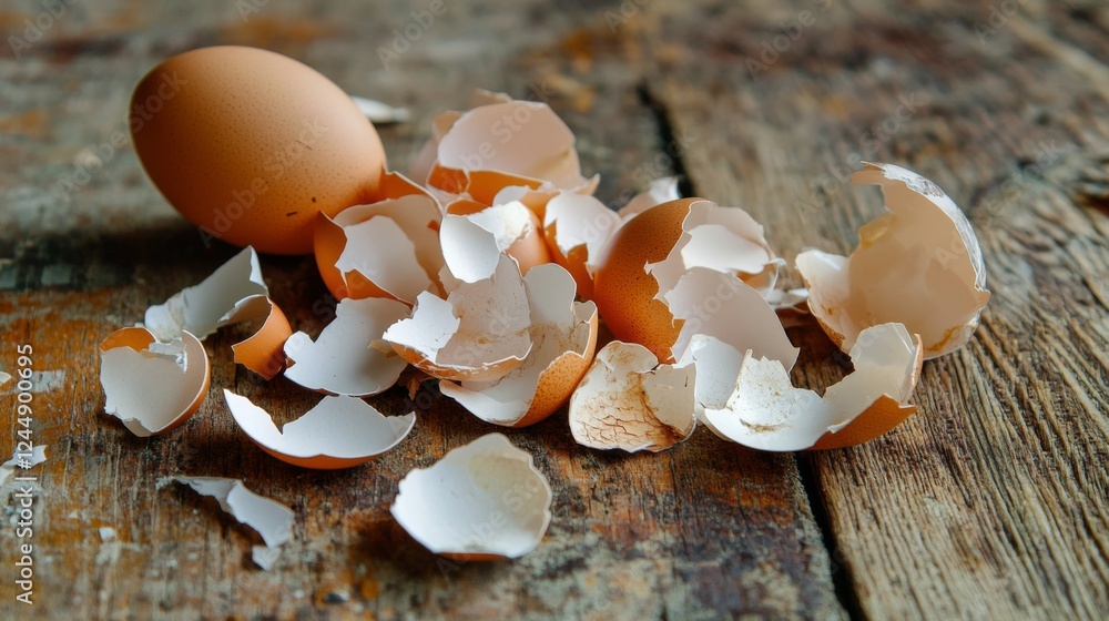Poster close-up of egg shells with natural textures and colors scattered on a wooden surface, showcasing th