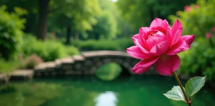 Rosa floreciente en un jard?n con un puente de piedra sobre un estanque verde, paisaje, jard?n