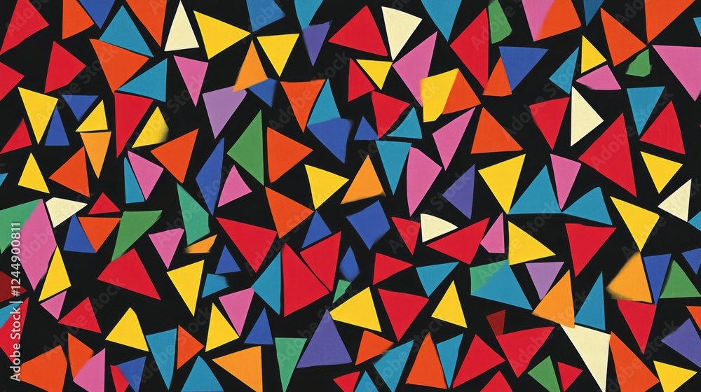 Poster collection of abstract triangle shapes in bold colors, forming a vibrant, layered pattern with depth