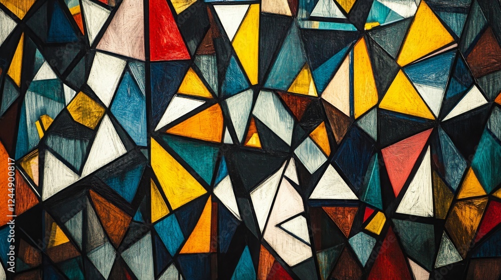 Poster collection of abstract triangle shapes in bold colors, forming a vibrant, layered pattern with depth
