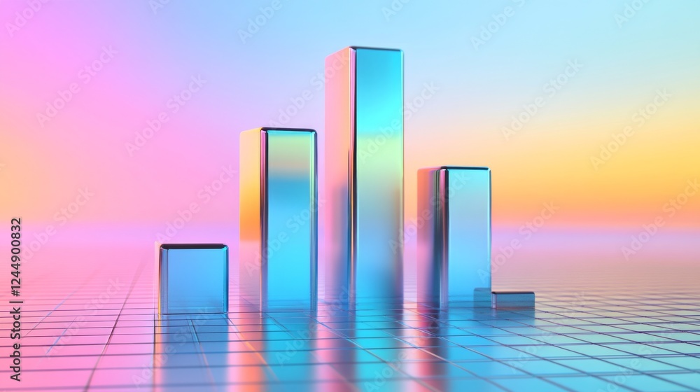 Aufkleber colorful d bars rising from a digital grid floor, with subtle lighting and a gradient background to 