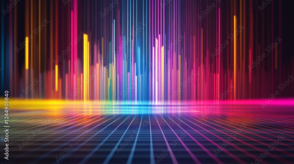 Poster colorful d bars rising from a digital grid floor, with subtle lighting and a gradient background to 