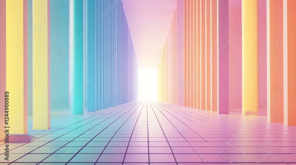 Poster colorful d bars rising from a digital grid floor, with subtle lighting and a gradient background to 