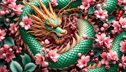 Green Dragon Amidst Pink Cherry Blossoms Spring Art