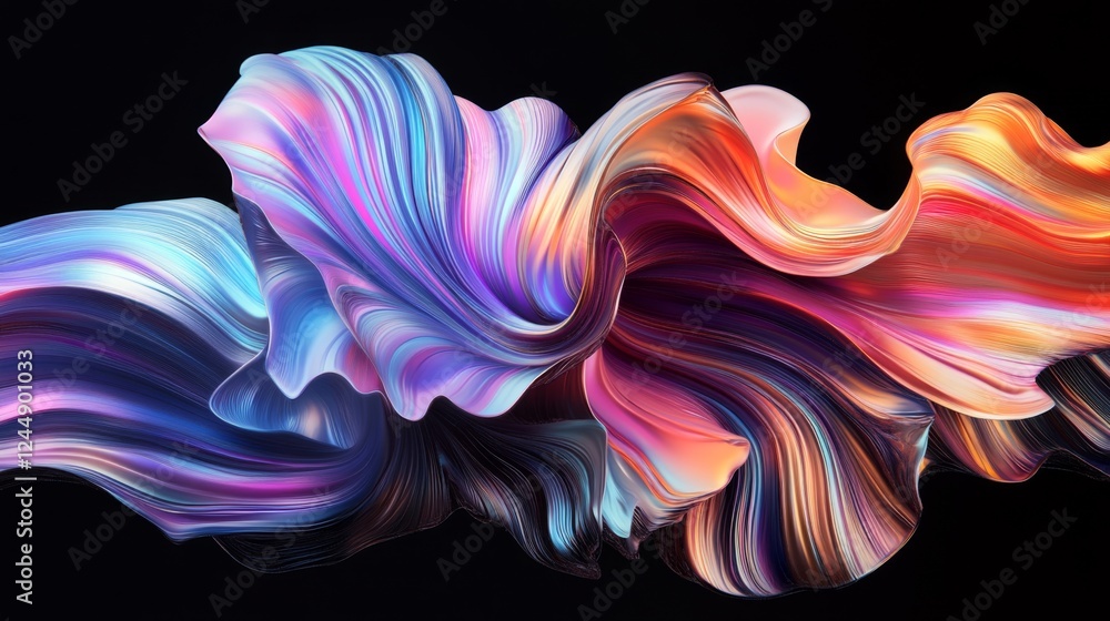 Poster colorful wave patterns with gradient effects, creating fluid, dynamic lines across a black backgroun