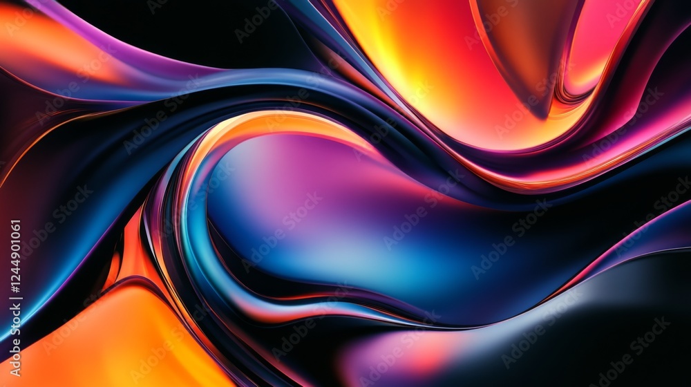 Poster colorful wave patterns with gradient effects, creating fluid, dynamic lines across a black backgroun