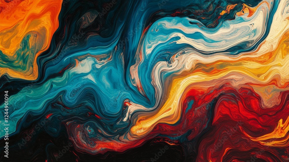 Poster colorful wave patterns with gradient effects, creating fluid, dynamic lines across a black backgroun