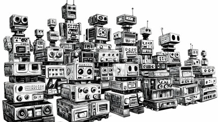 Naklejka premium Vintage Robots Assembled in a Group, a Monochromatic Illustration with Retro Design.