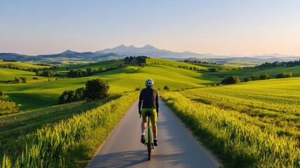 Fototapeta premium Cyclist pedaling along a peaceful and scenic rural road surrounded by lush green fields rolling hills and picturesque countryside landscape Outdoor adventure and active lifestyle concept
