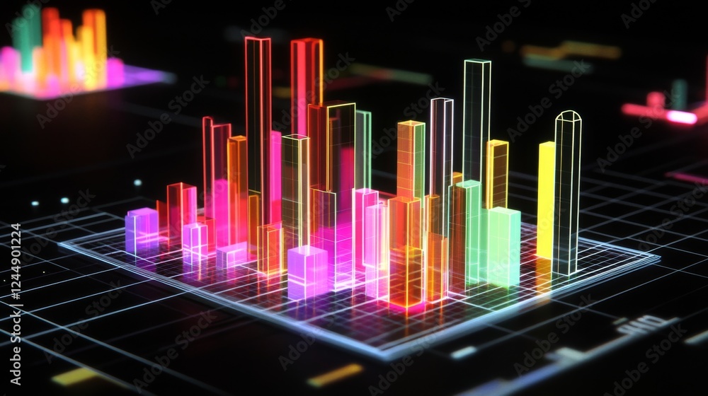 Fototapete Dark-themed D bar chart with neon-colored bars and a digital grid base, capturing a futuristic data visualization aesthetic