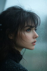 A woman stands at a foggy window gazing outside at the falling rain with her reflection visible on the glass creating a nostalgic and melancholic atmosphere
