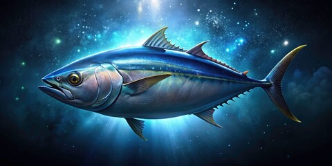 Fototapeta premium Close-up of a lone tuna, silhouetted against a dark, deep ocean at night.