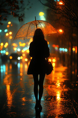 A woman stands alone in the rain at night, holding a transparent umbrella, with city lights reflecting off the wet pavement, creating a reflective and moody scene