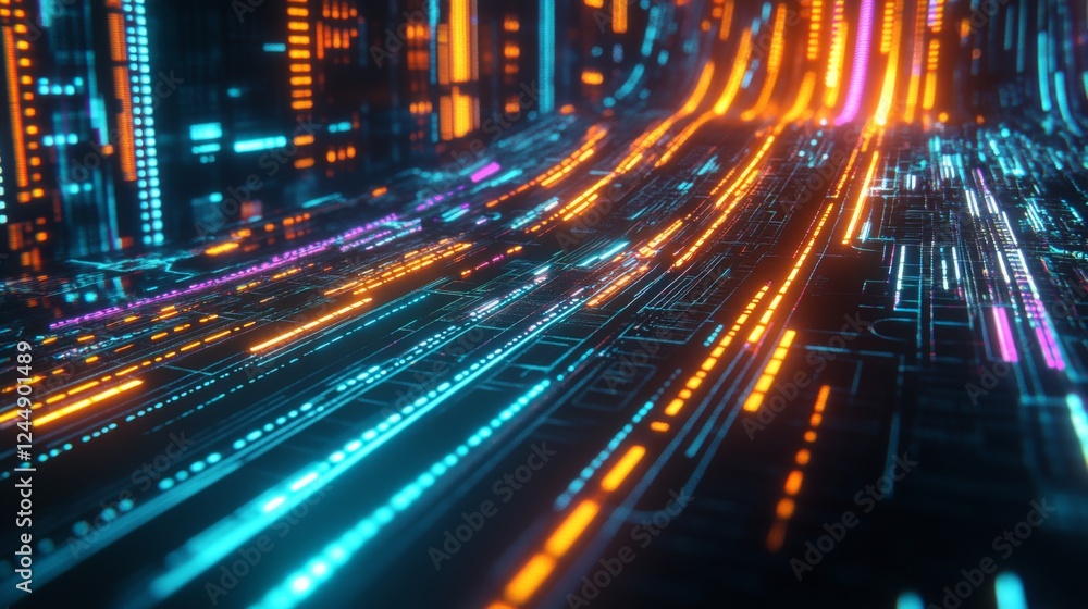 Poster dynamic data wave in vibrant neon colors, representing digital information flow on a black backgroun