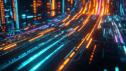 Fototapeta premium Dynamic data wave in vibrant neon colors, representing digital information flow on a black background for a futuristic, tech-inspired look