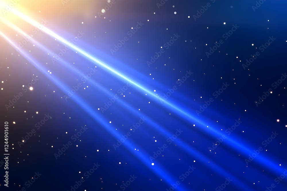 Poster abstract background with light rays shining through a dark blue sky with sparkling particles