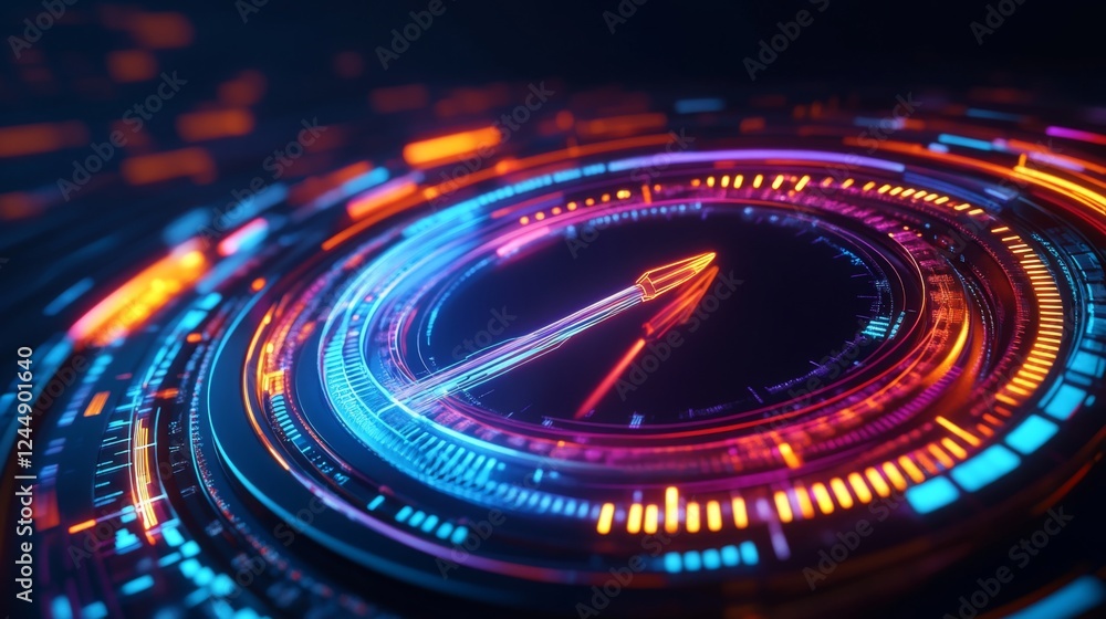 Aufkleber futuristic digital speed gauge with glowing lines, needle pointing to maximum, set against a dark hi